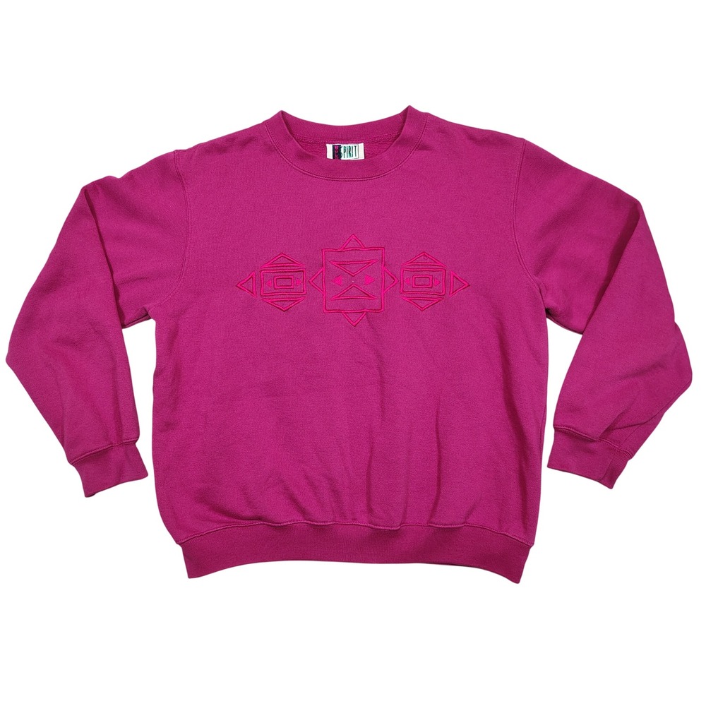 Bold Spirit VTG Sweatshirt Womens M Geometric Embroidered Magenta Pink Pullover